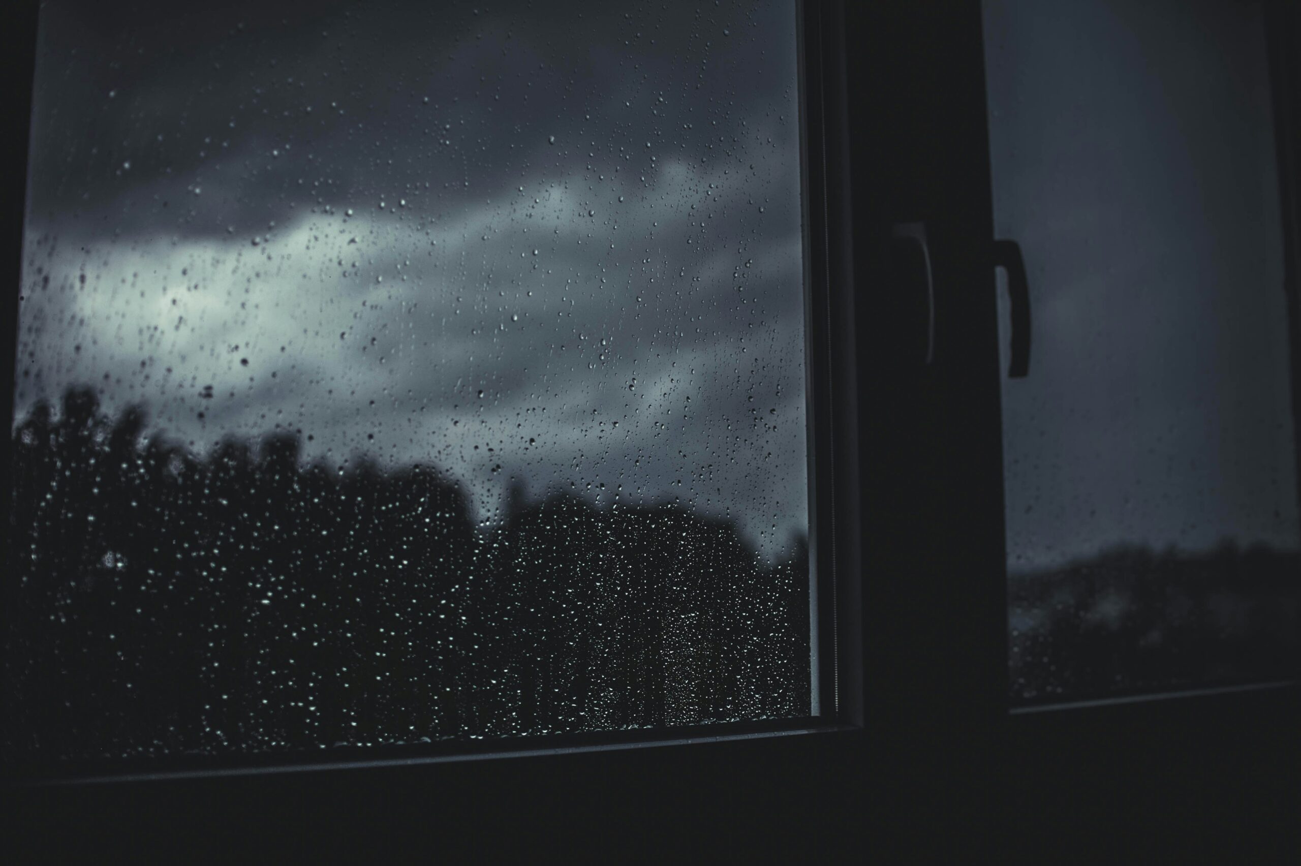 Rain drops streaks going down the window, with grey sky outside and trees. 