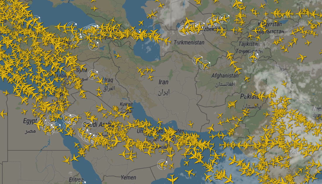 Screenshot from AirNav Radar showing flights avoiding Iran Middle Eastern air spaces due to ongoing conflict.