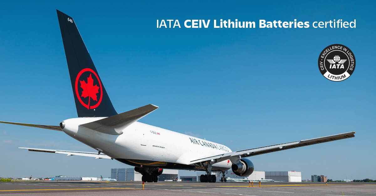Exterior of Air Canada aircraft on the runway with IATA CEIV Lithium Batteries certification.