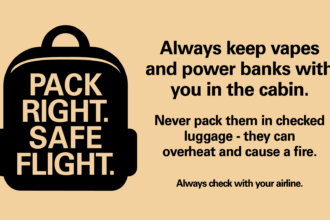 Image shows graphic of a black suitcase on a coloured background with text from the Civil Aviation Authority's campaign slogan 'pack right, safe flight'. On the left the black text says to keep vapes and power banks in the cabin not in checked luggage as they can overheat and cause a fire. Always check with your airline.