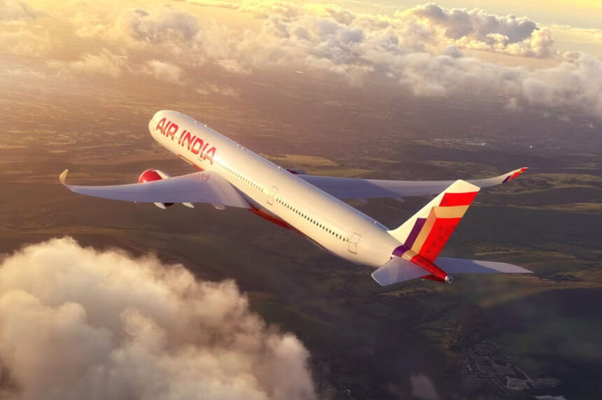 Photograph depicting the exterior of Air India aircraft cruising at altitude above the clouds.