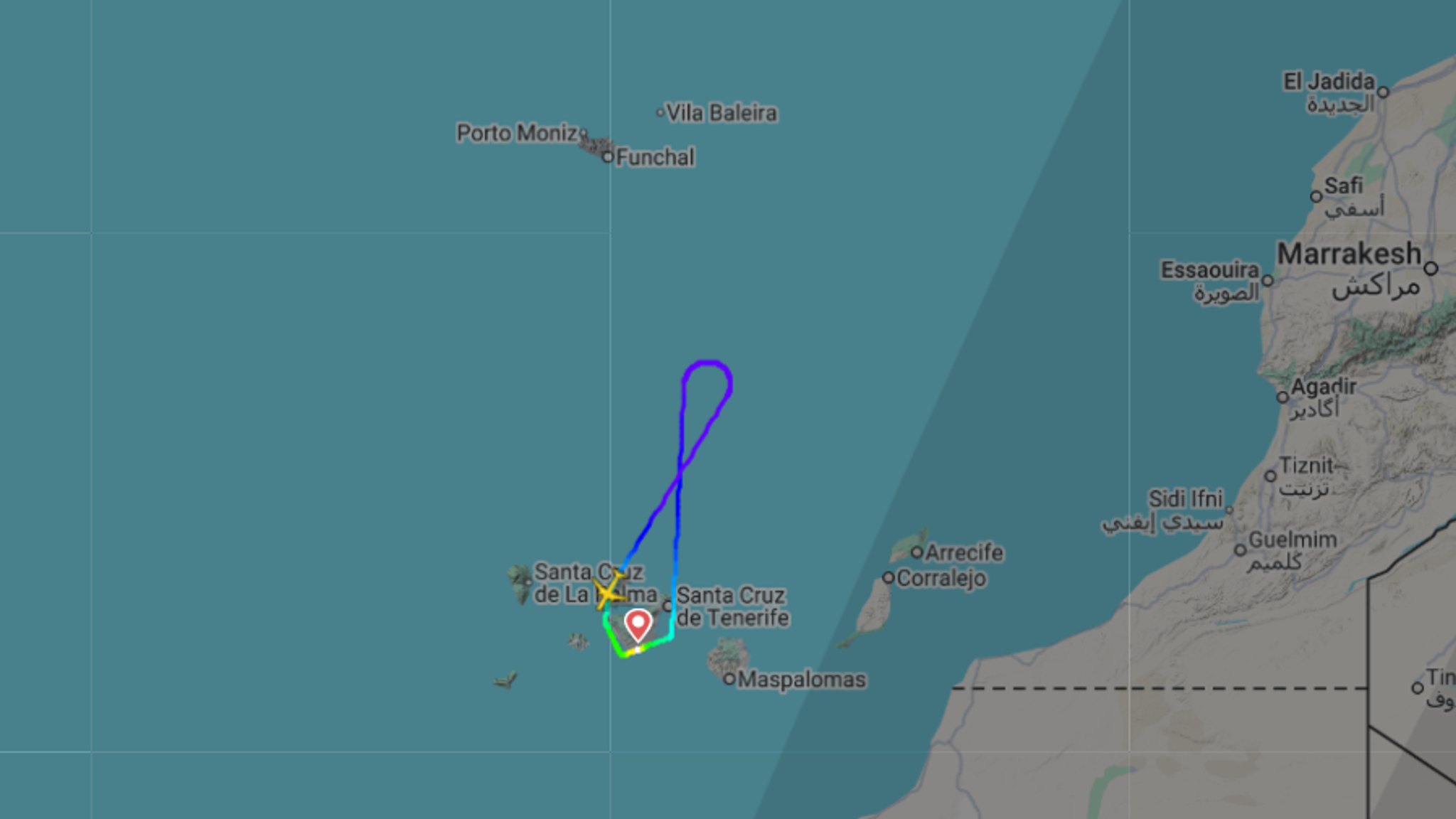 A digital map of the islands on the Western coast of Africa, near Morocco. Within the map, there is an outlined route shape like an infinity symbol.