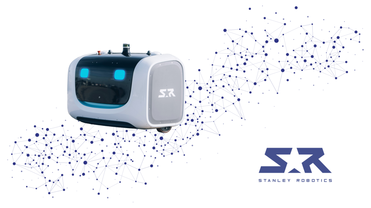 Image shows Stanley Robotics logo with a black, grey and white robot with blue 'eyes' on a blue star constellation