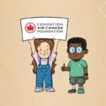 A cartoon boy and girl holding an air canada foundation banner- the boy has one leg
