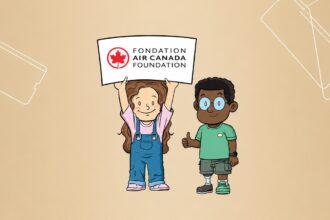 A cartoon boy and girl holding an air canada foundation banner- the boy has one leg