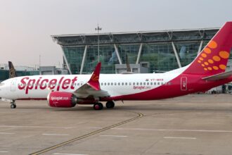 SpiceJet Boeing 737 MAX 8 registered VT-MXB taxiing at Chennai International Airport