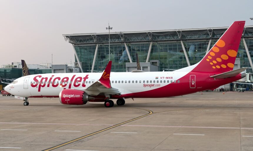 SpiceJet Boeing 737 MAX 8 registered VT-MXB taxiing at Chennai International Airport