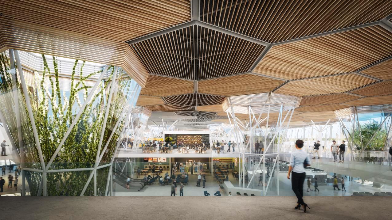 Zadar airport upstairs in the new terminal with walls made of glass and hexagonal ceiling design