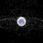 A computer-generated image of Earth surrounded by many white dots, each representing artificial objects launched into space by humans and which are currently being tracked.