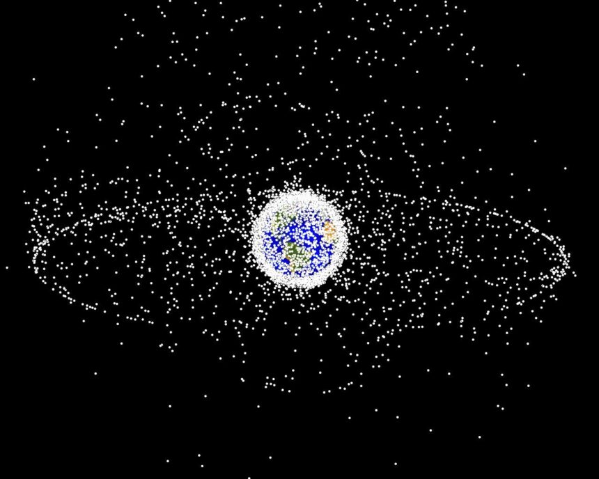 A computer-generated image of Earth surrounded by many white dots, each representing artificial objects launched into space by humans and which are currently being tracked.