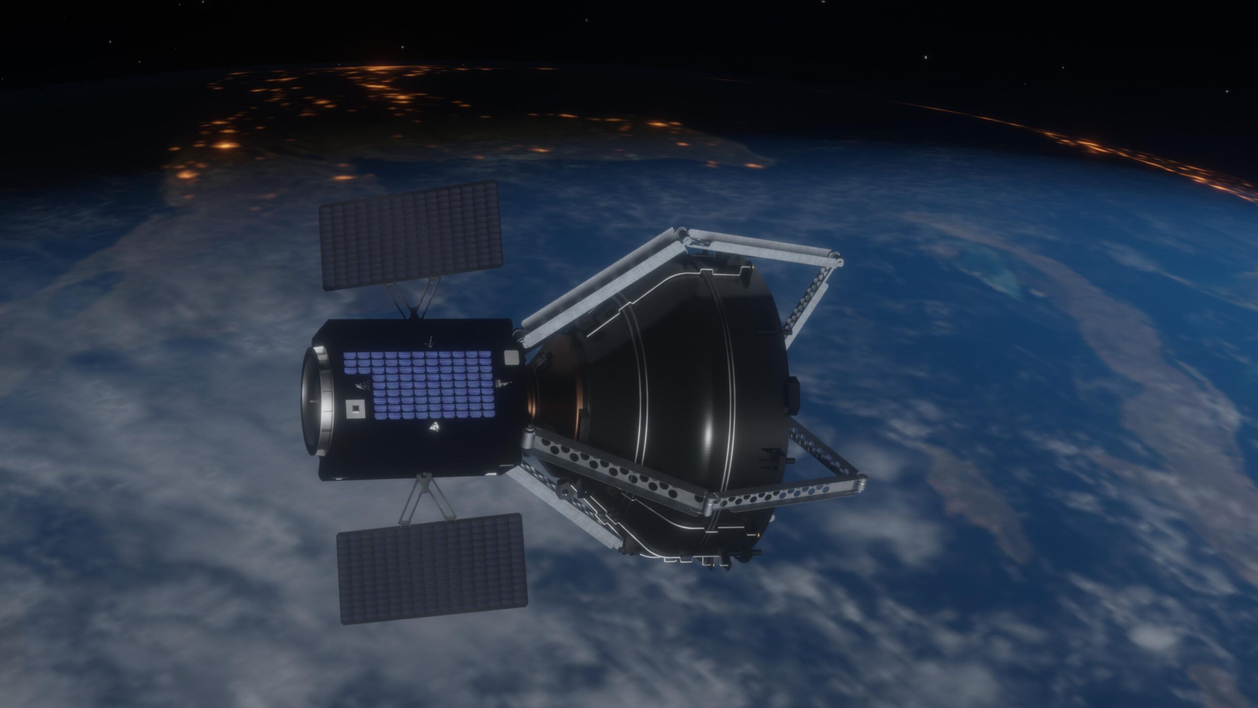 An artist’s impression of ClearSpace-1 (a black cylinder with solar panels and four long robotic arms) capturing its original target, a used rocket launcher stage (a black conical structure).