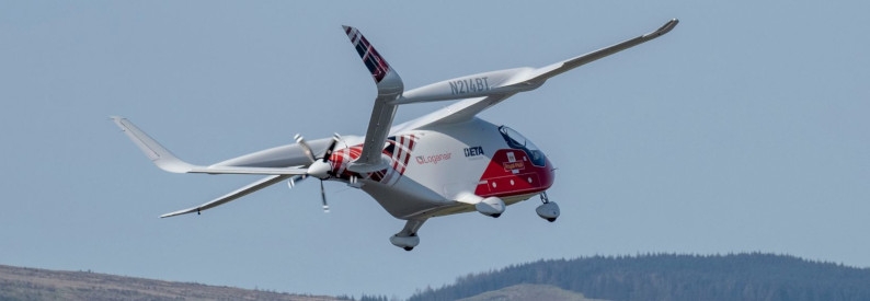 A full view of Loganair's Beta Technologies Alia CX300 from behind.