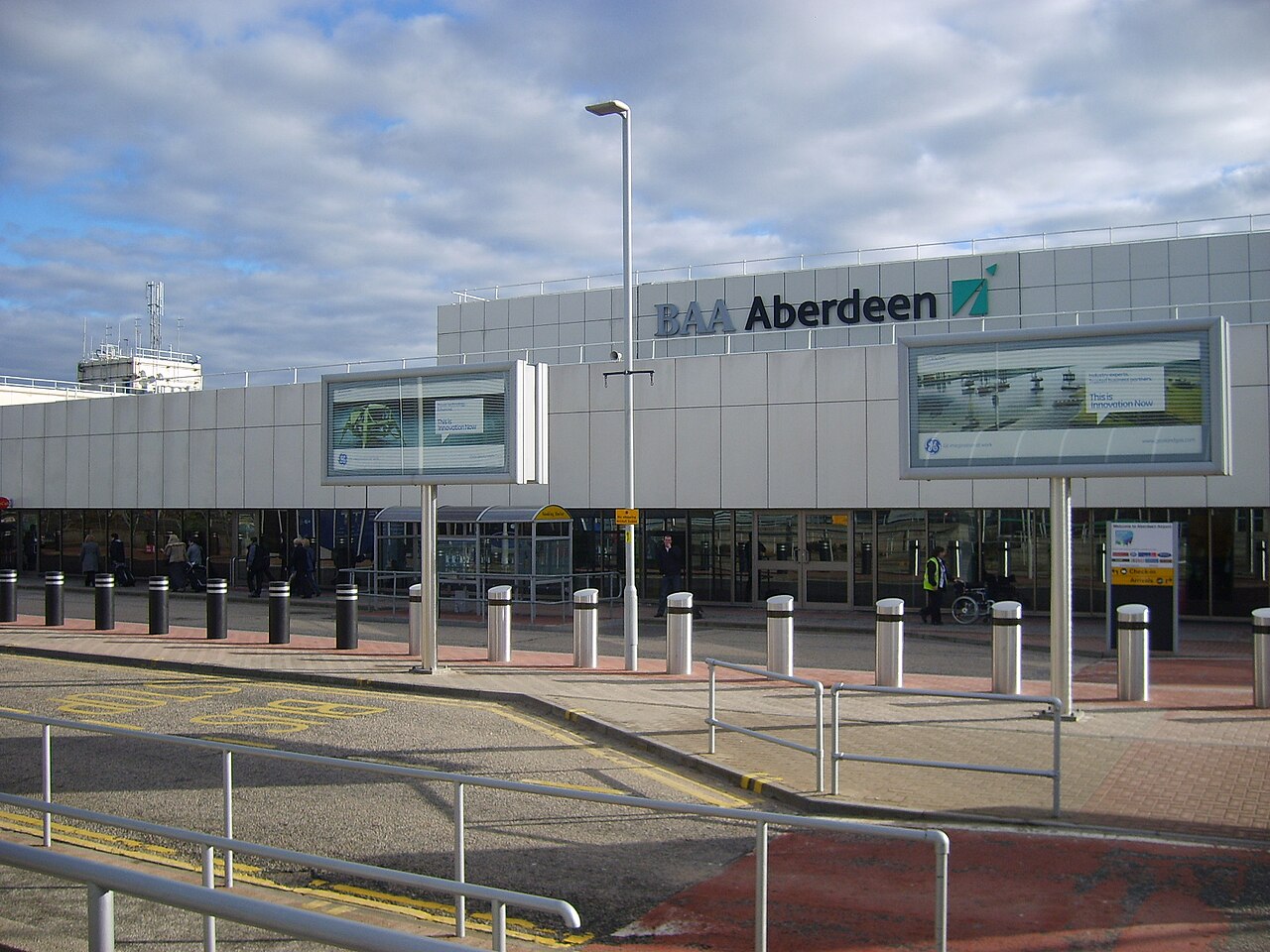 Front view of Aberdeen Airport terminal building where the 'BAA Aberdeen' initials can be seen