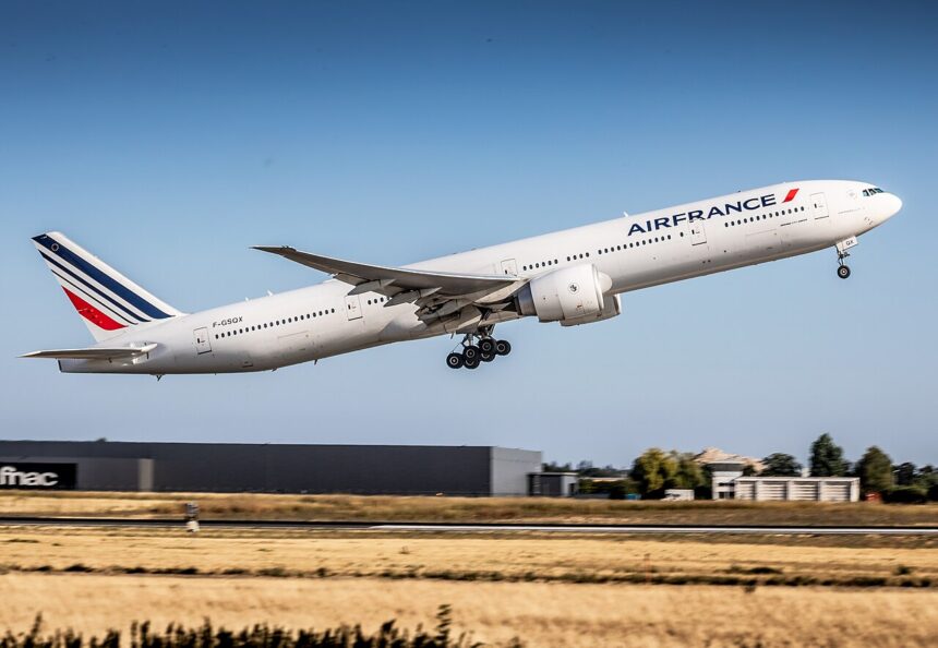 An Air France Boeing 777-300ER aircraft shown on its right-hand side