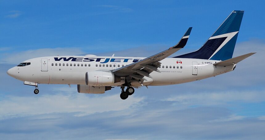 A WestJet Boeing 737-700 aircraft shown on its left-hand side