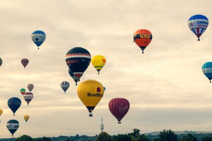 Image shows many hot air balloons in a dusky sky in 2015 at the 2025 Bristol International Balloon Fiesta