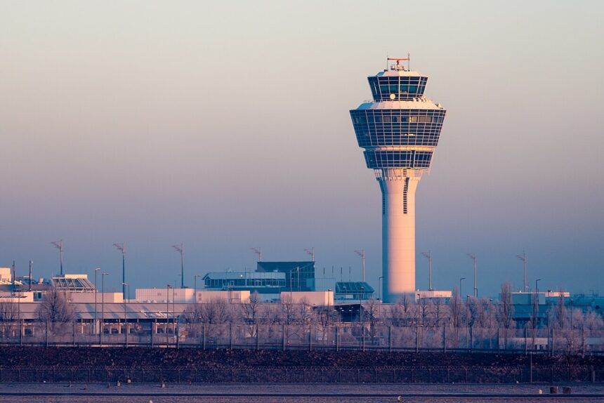 The main control tower of Munich Airport positioned in the distance. The sun is setting causing an ombre of light orange to purple skylight.