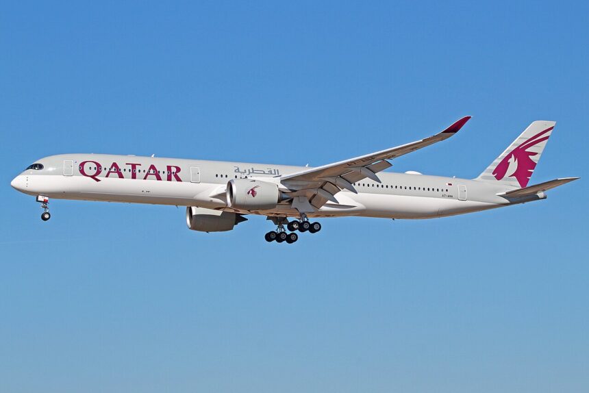 A Qatar Airways Airbus A350-1000 aircraft shown on its left-hand side