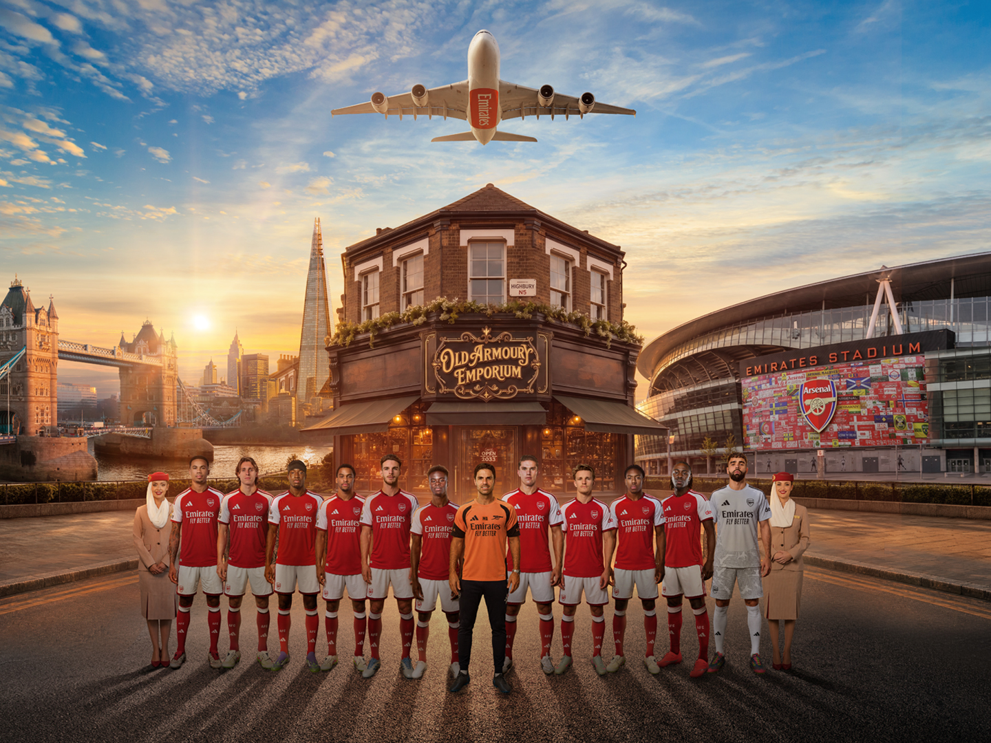 Photograph depicting Arsenal football players standing in a line in front of the Old Armoury Emporium building.