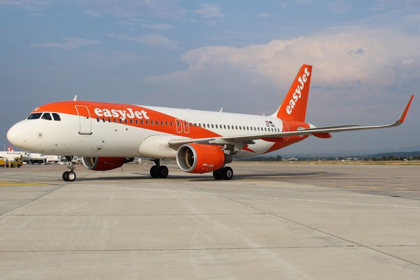 An easyJet aircraft is pictured grounded at an airport. The aircraft is mostly white, with easyJet's signature orange colouring and branding across the fuselage and tail. The aircrafts is pictured from the side closer to the front than the back at an angle, and the nose is facing left and the tail is to the right. The aircraft is positioned mostly central, with tarmac ground in he foreground and a clear blue sky with minimal cloud in the background.