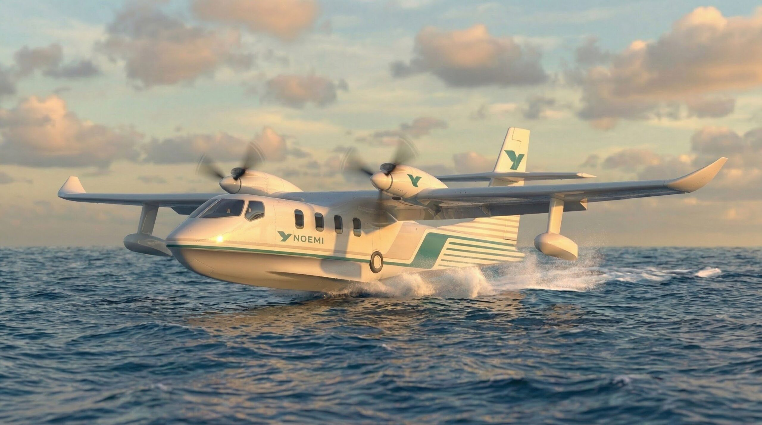 A animated NOEMI Aerospace electric sea plane landing on water. The plane is posed to the side and is decorated white with teal stripes and NOEMI logo is placed on one of the two propellers, the planes body and tail.