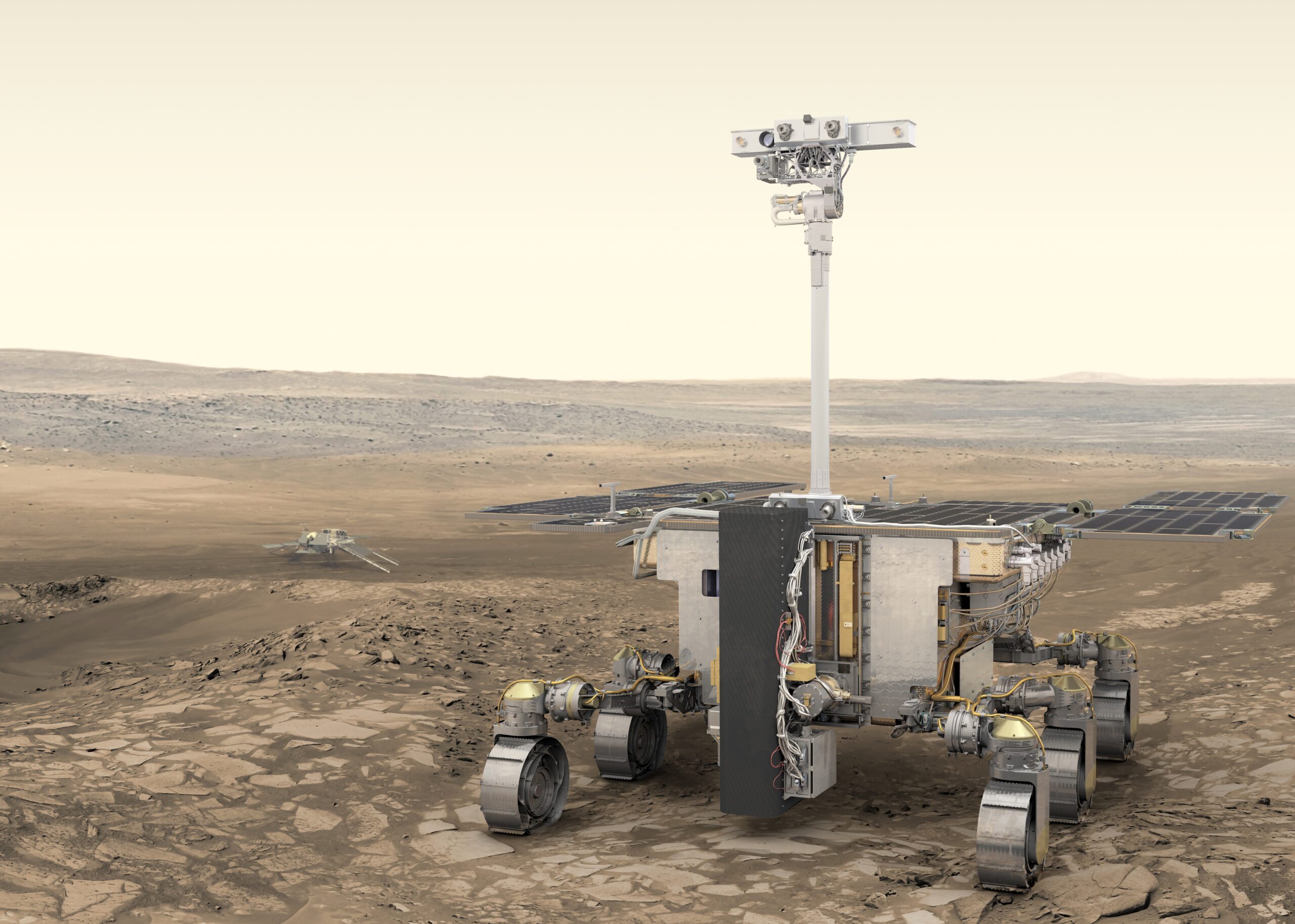 The Rosalind Franklin rover – a six-wheeled, white vehicle with a mast at the front holding cameras and sensors, here depicted on the Martian surface – set to launch to Mars in 2028, which is being built by Airbus Defence and Space, Stevenage, UK.