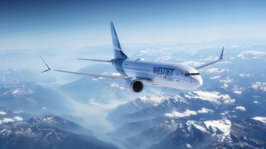 An WestJet Boeing 737-8 MAX aircraft flying above rocky mountains
