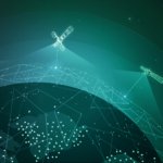 Artist’s impression of a satellite communications relay – several satellites interconnected by signal pathways and exchanging packets of information – in orbit.