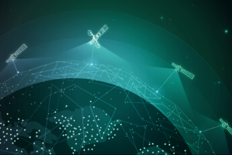 Artist’s impression of a satellite communications relay – several satellites interconnected by signal pathways and exchanging packets of information – in orbit.