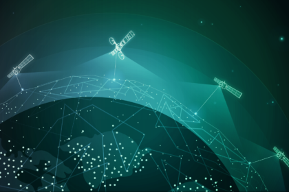 Artist’s impression of a satellite communications relay – several satellites interconnected by signal pathways and exchanging packets of information – in orbit.