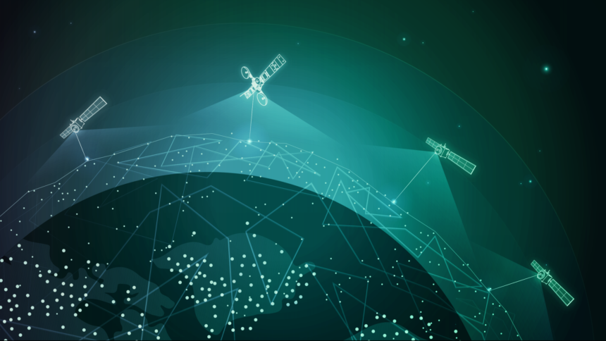 Artist’s impression of a satellite communications relay – several satellites interconnected by signal pathways and exchanging packets of information – in orbit.