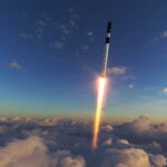 A silver and black RFA One rocket developed for launch in the UK rises above the clouds into a darkening blue sky.