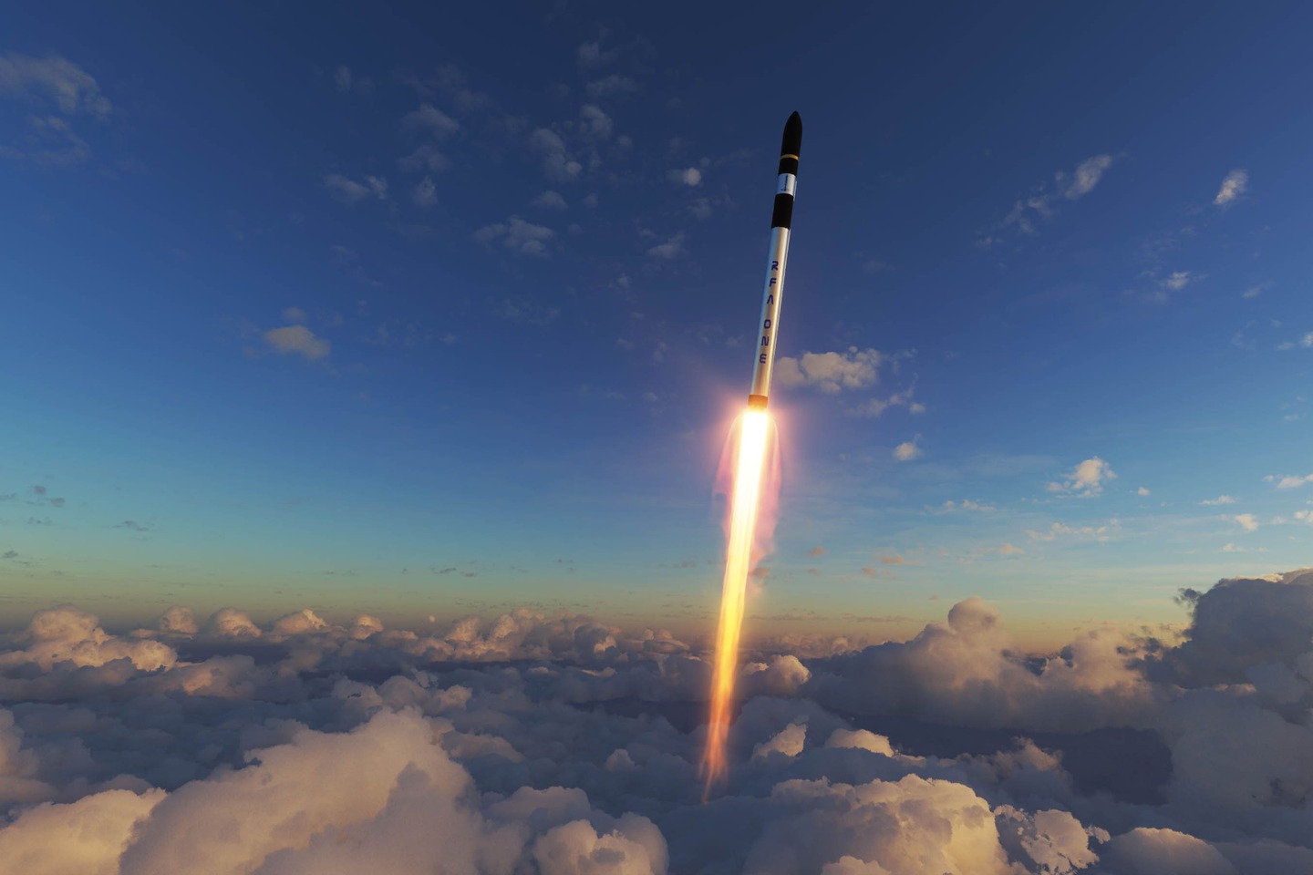 A silver and black RFA One rocket developed for launch in the UK rises above the clouds into a darkening blue sky.