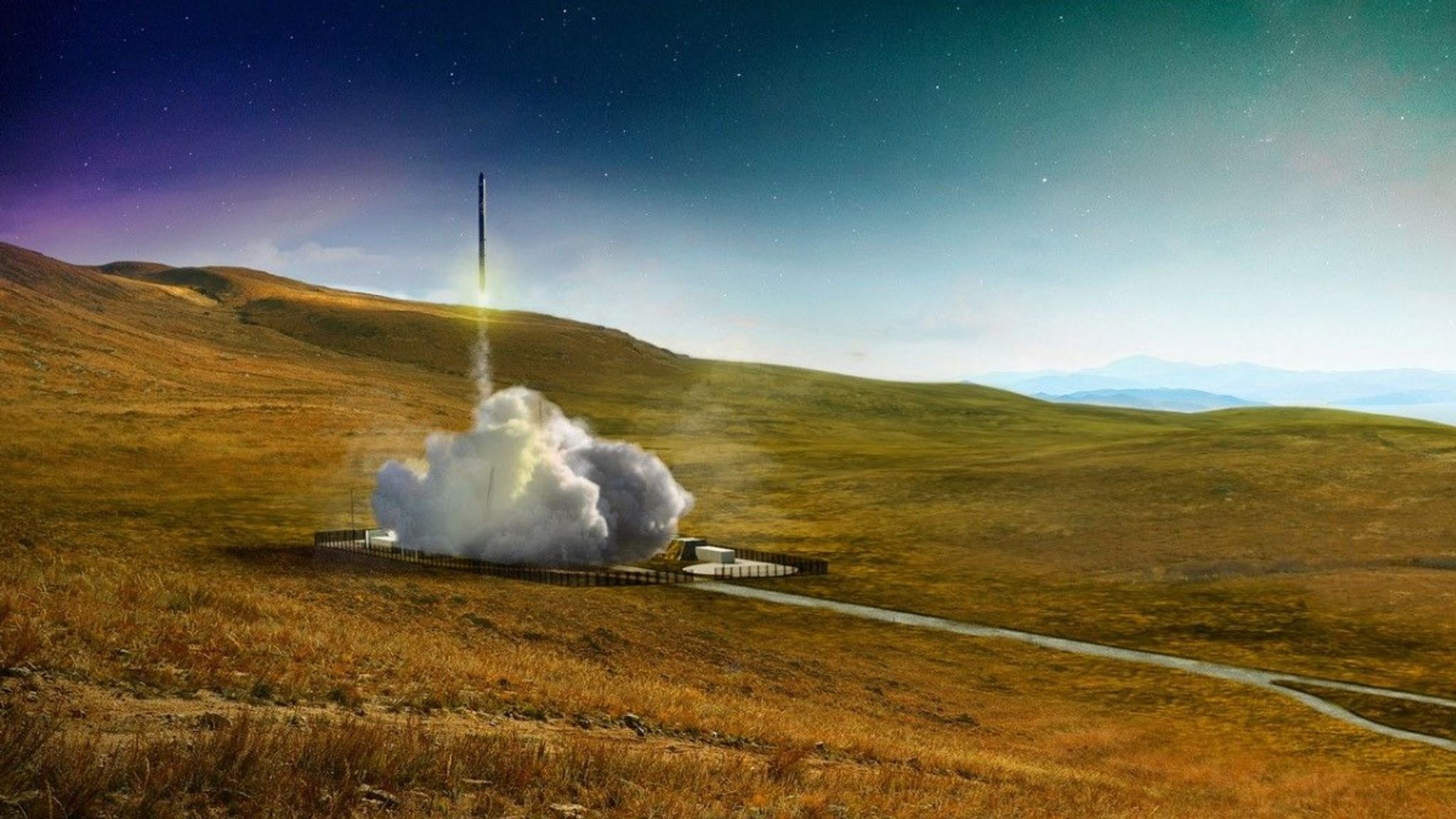 Artist’s impression of a now-condemned Orbex rocket – black and trailing a cloud of smoke – lifting off from Sutherland Spaceport – an industrial complex surrounded by Scottish hills – which now has an uncertain future.