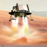 Artist’s impression of the Airbus landing platform – a floating metal structure with downward-facing rocket engines and landing legs – delivering the Rosalind Franklin rover to the Martian surface on a dusty red, desert-like hill.