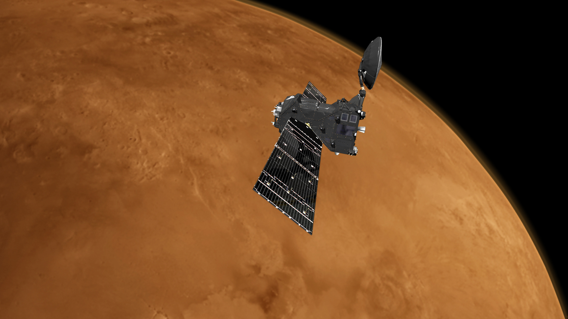 Artist’s impression of the ExoMars TGO, a satellite with large solar panels and a radio antenna dish, orbiting the Red Planet below.