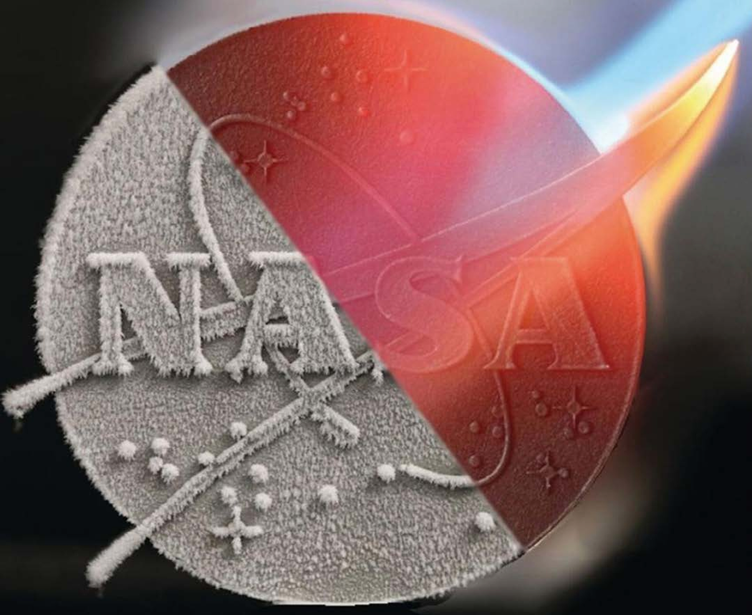The GRX-810 alloy, here shaped into the NASA meatball logo, can survive extreme temperatures, indicated by the sample glowing red hot.