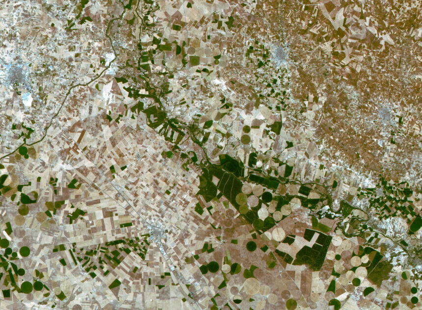 A patchwork of small green and brown shapes is in fact an image of fields and plains in central Spain as seen from above by the ESA-supported Deimos-1 satellite in Earth orbit.