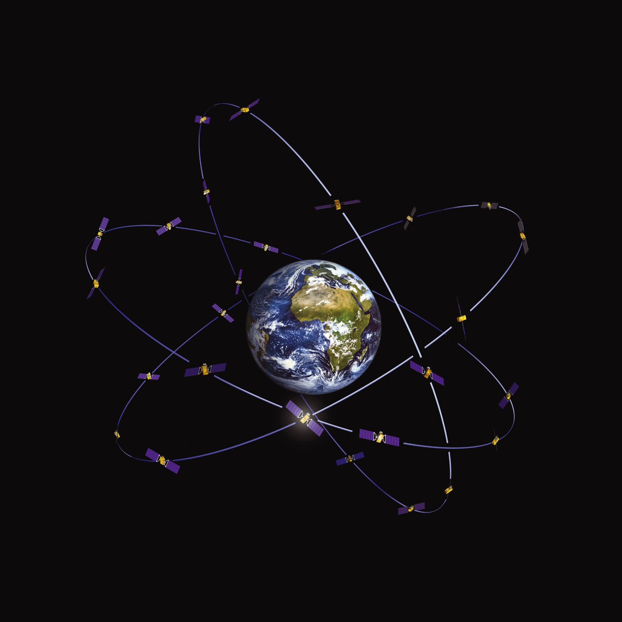 Artist’s impression of the orbits of several GNSS satellites, featuring Earth small in the centre, and several cartoonish satellites on rings drawn around the planet.