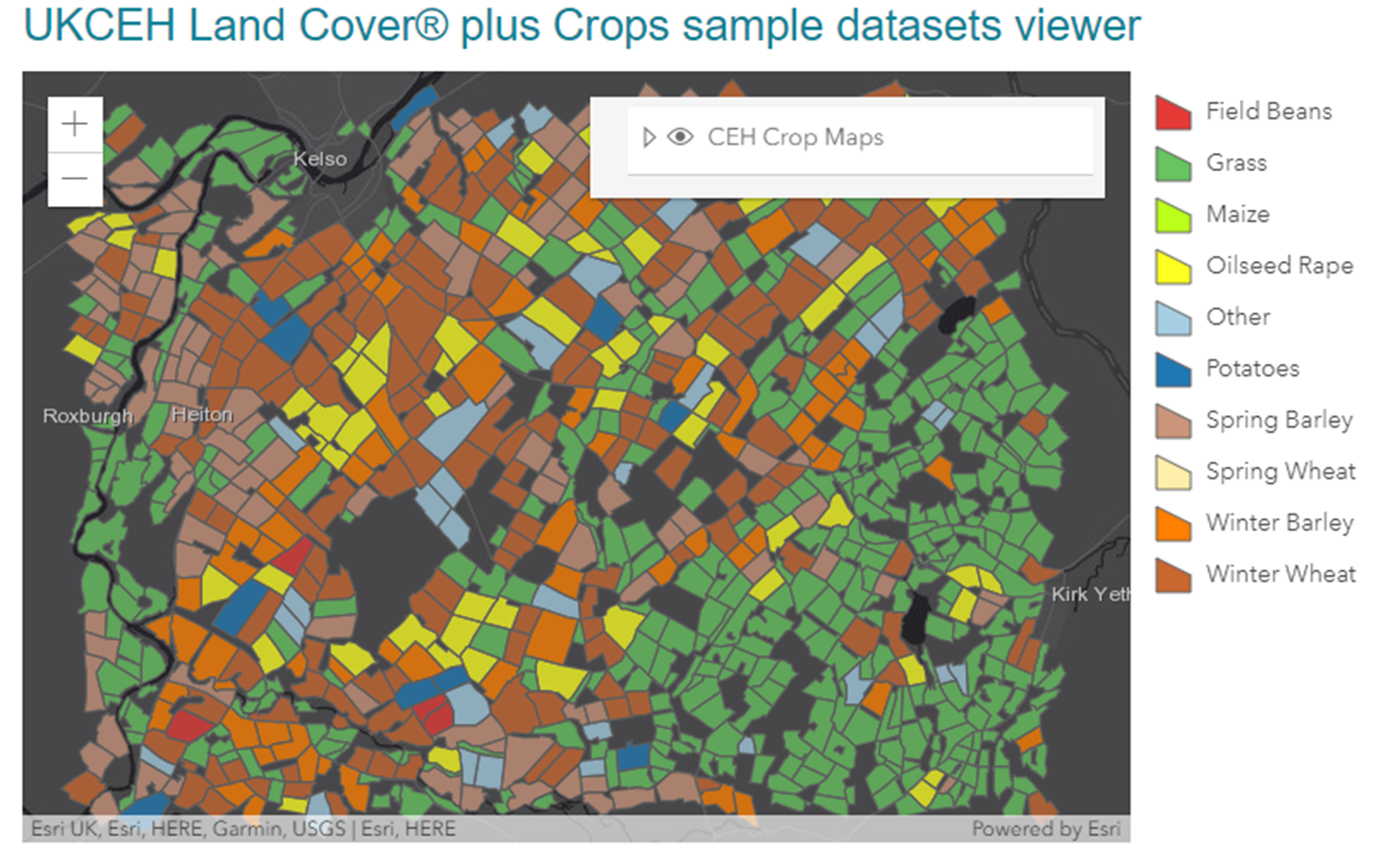 Many differently coloured shapes representing fields, with a key denoting which type of agriculture each codifies, in a sample use of the UKCEH Land Cover plus: Crops software.