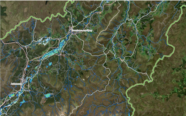 Large areas of blue on a satellite image mark out regions of flooding around the River Spey, Scotland, as seen from space.