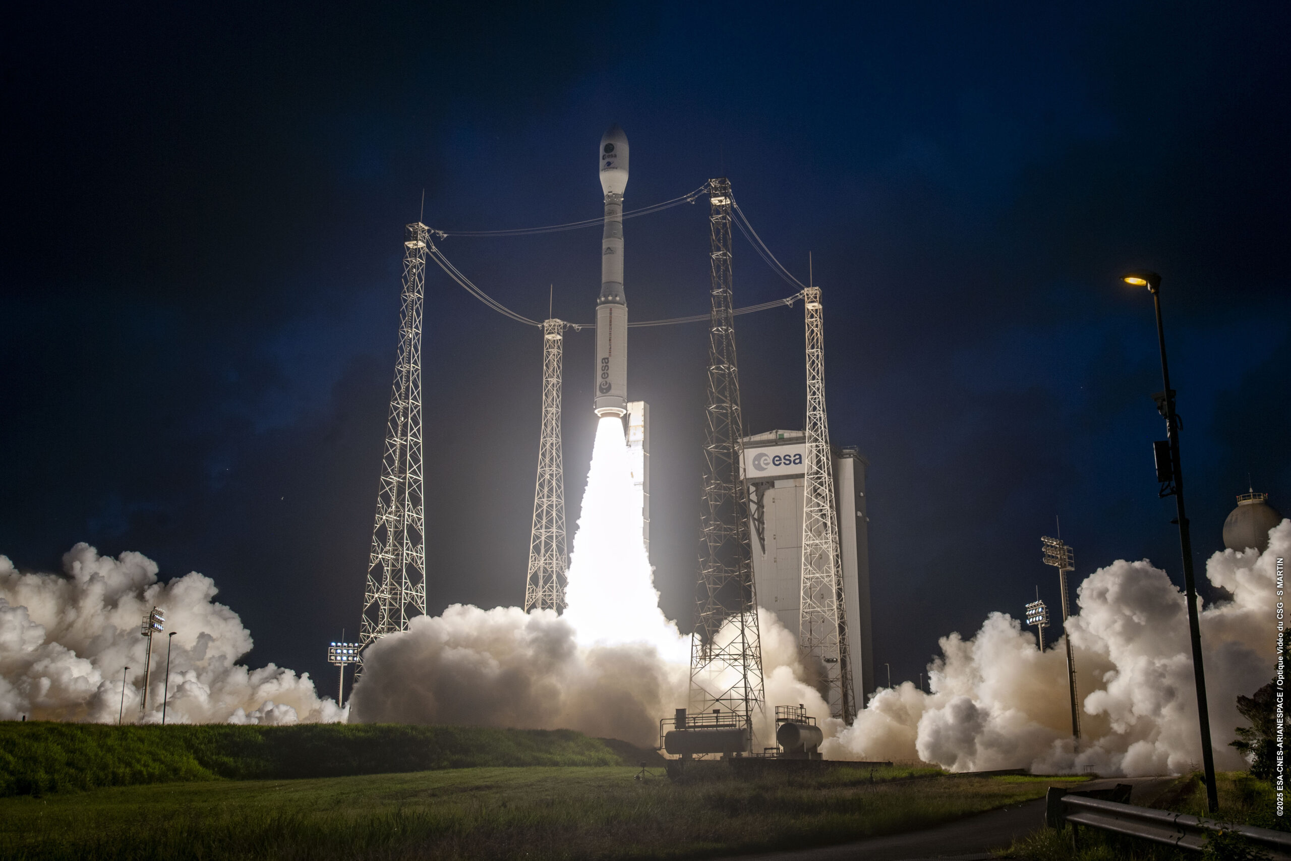 ESA’s Biomass mission departs from Kourou, French Guiana, as a Vega-C rocket lifts off to orbit.