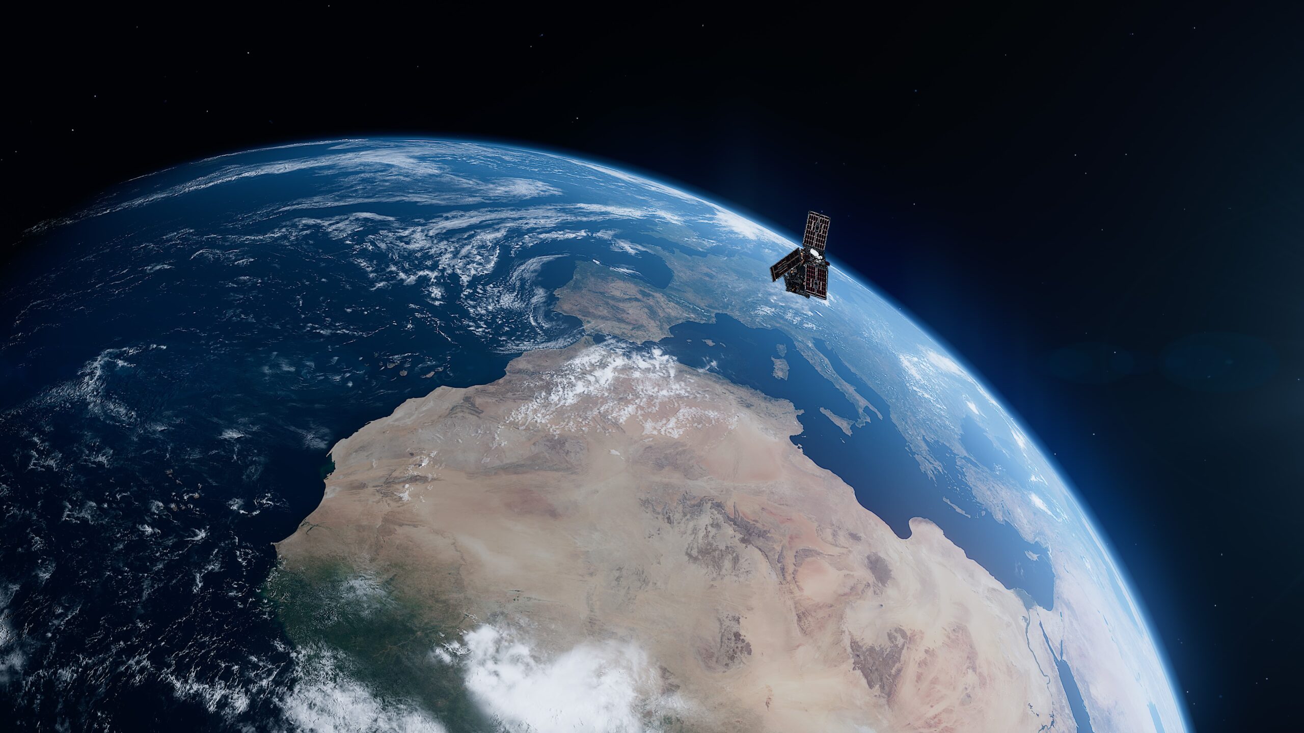 Artist’s impression of the HydroGNSS satellite, with three solar panels and an instrument unit visible, orbiting above southern Europe and northern Africa.