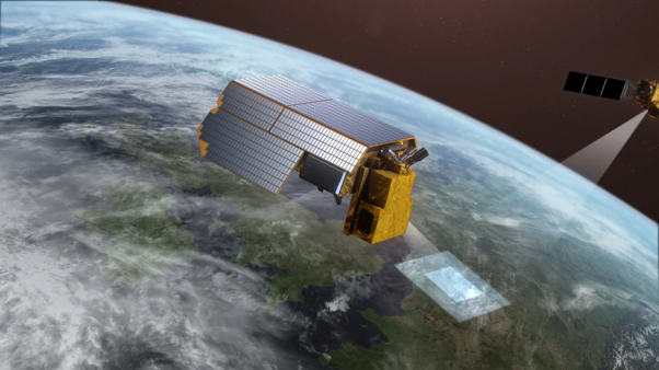 Artist’s impression of the TRUTHS satellite – a trapezoidal box wrapped in golden foil with solar panels attached – in orbit above the Earth. Another satellite passes by in the background.
