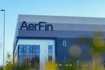 AerFin Headquarters new building, with their navy blue coloured logo and blue ombre theme striped on the building.