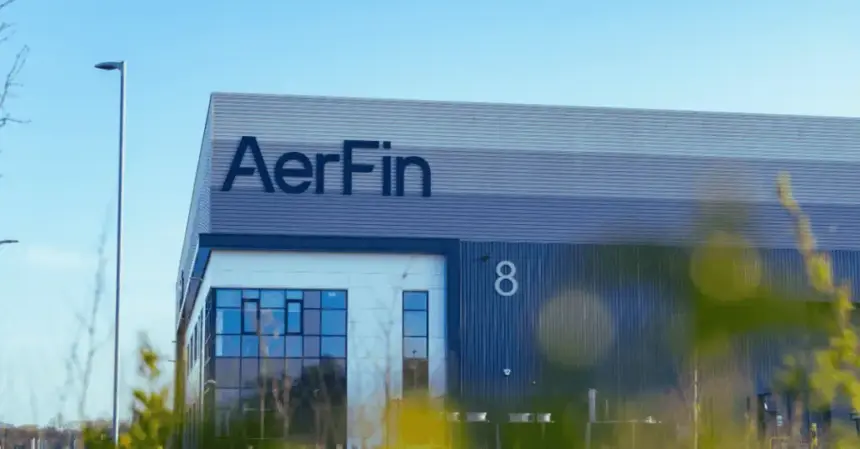 AerFin Headquarters new building, with their navy blue coloured logo and blue ombre theme striped on the building.
