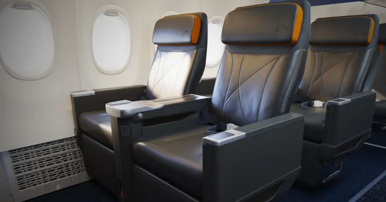 Allegiant Air's upcoming Allegiant First premium seating with a wide head rest and large legroom.