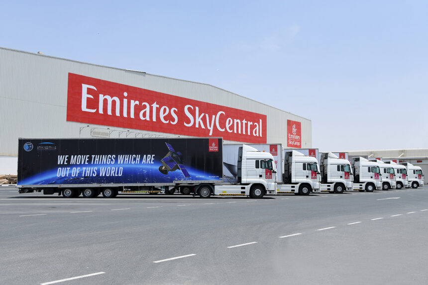Depiction of Emirates SkyCentral truck depot ready to load goods into Emirates SkyCargo aircraft