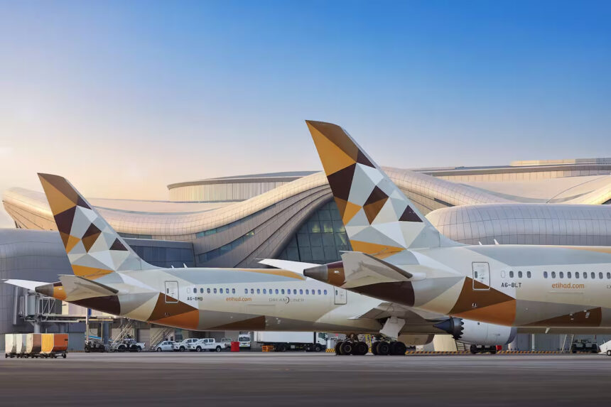 Photograph depicting a close-up of the exterior of the Etihad Airbus A380, including the aircraft's tail fin.