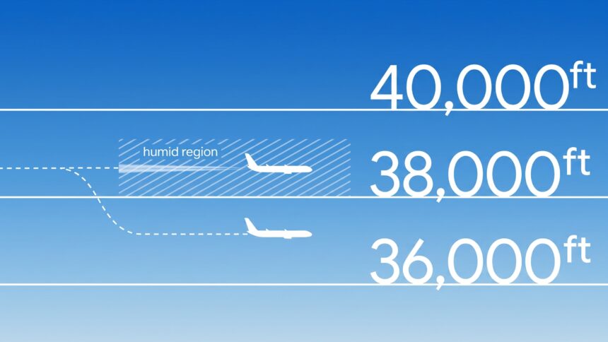 Image shows a diagram of a blue sky displaying three altitudes for aircraft, 40,000ft, 38,000ft (labelled as humid region) and 36,000ft